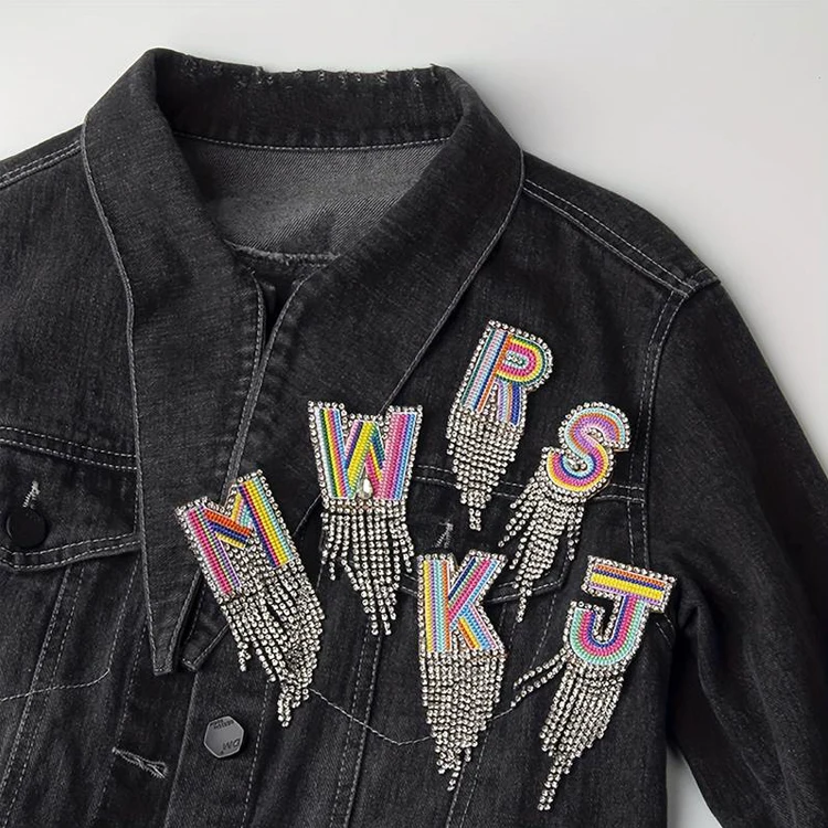 Imported Embroidery Handmade Shiny Waterfall Colorful Letter Rhinestone Crystal Fringe Brooch
