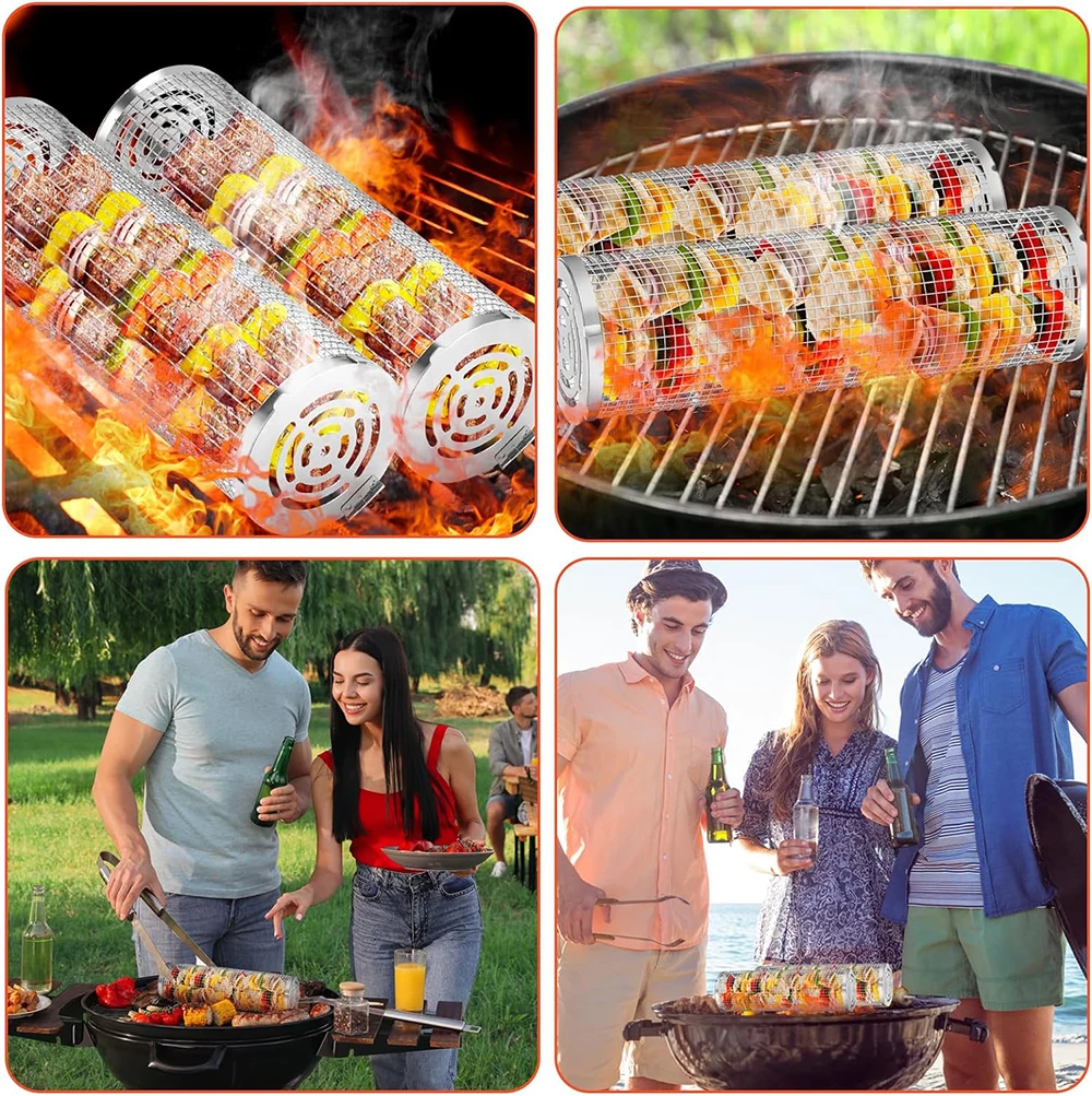 Outdoor Picnic Round Stainless Steel Barbecue Grill Mesh Rolling BBQ Grill Basket for Vegetables Fish Meat