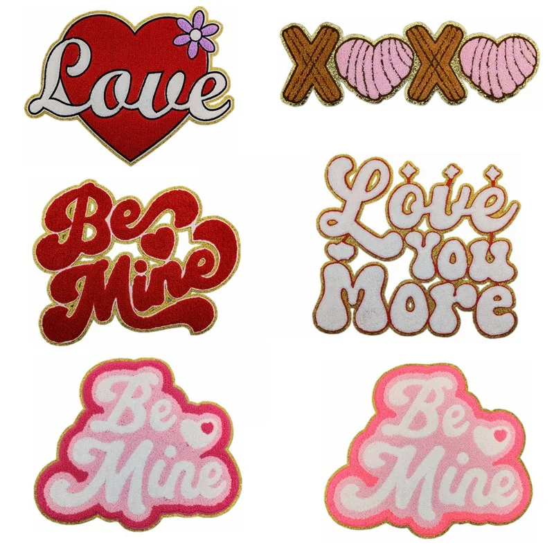 Hot Selling Big Size Iron on Chenille Embroidered Gold Edge Mama Love Be Mine Letter Patch for T-shirt Hoodies