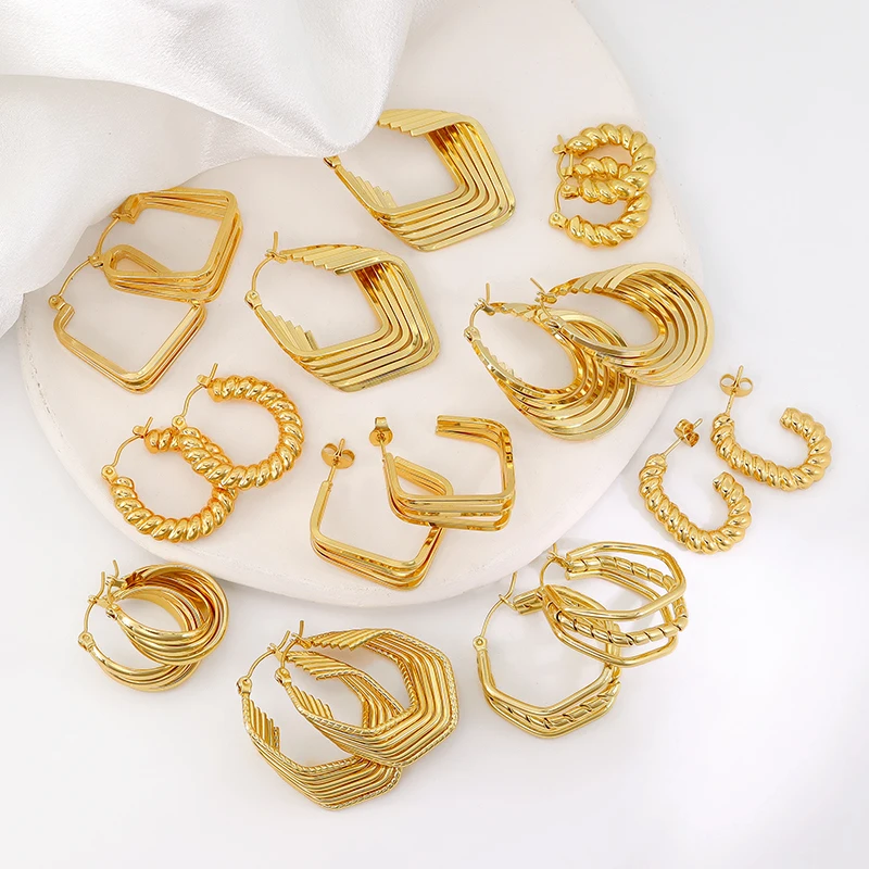 Wholesale Trendy 18k Gold Plated Stainless Steel Geometric Hoop Earring Vintage Huggies Earrings for  Women