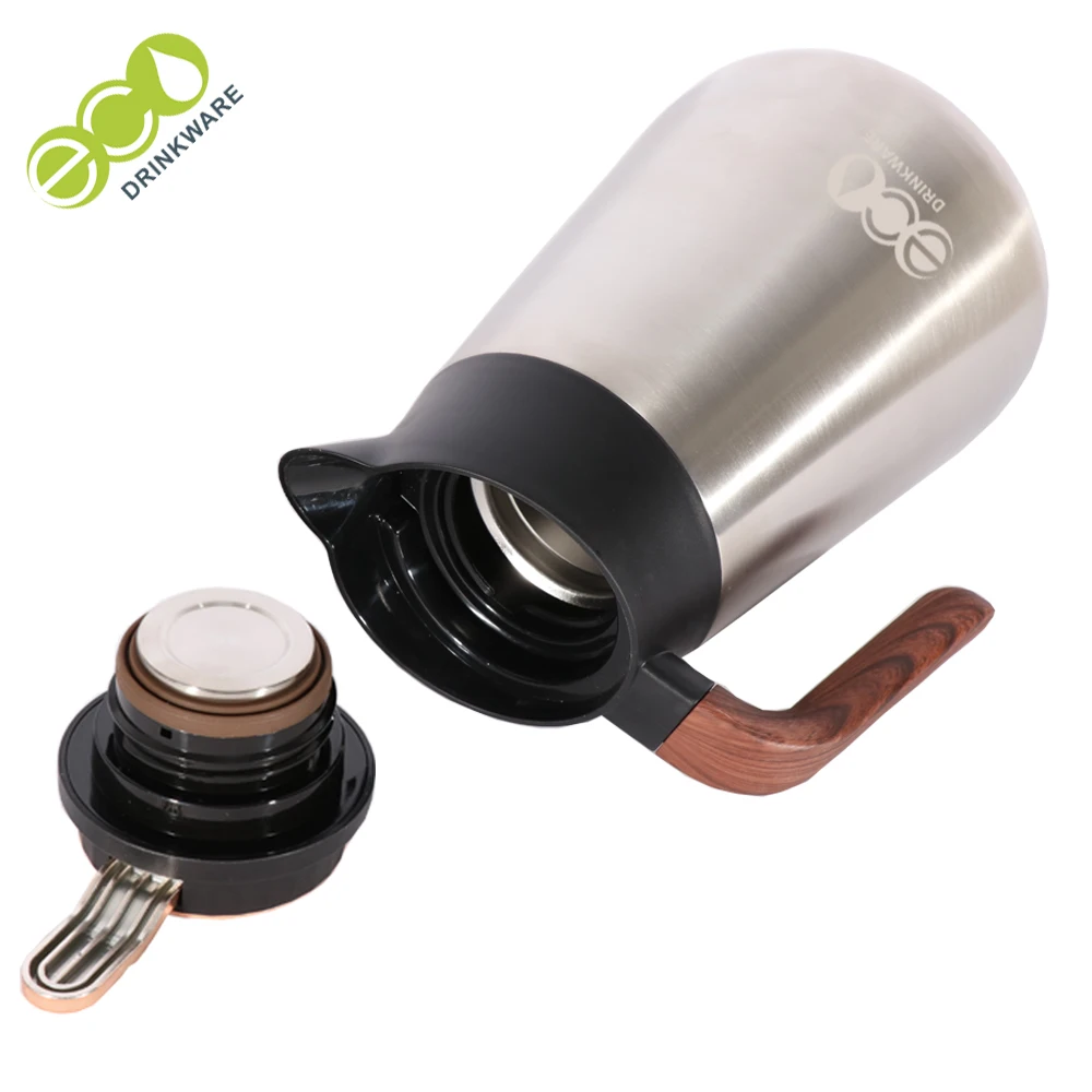 GT008 thermos flask coffee pot made of double walled 304 stainless steel with wooden handle insulated jug with drip free spout