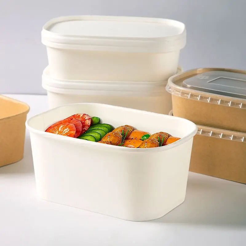 Rectangulal disposable paper bowl with lids custom square biodegradable food packaging bowl