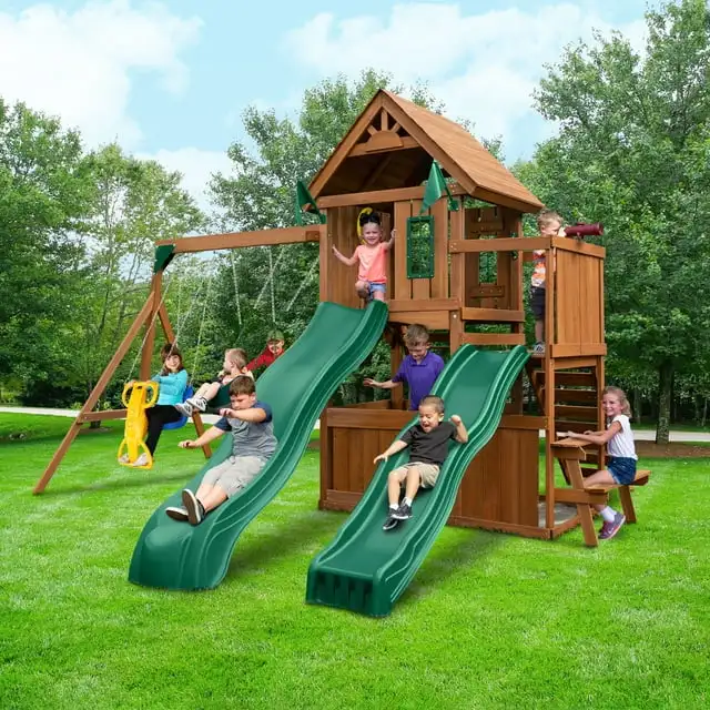 Custom Home Backyard Wood Swings Set With Slide Slide Playground Outdoor Kids Wooden Swing And Slide Set Outdoor For Kids Garden