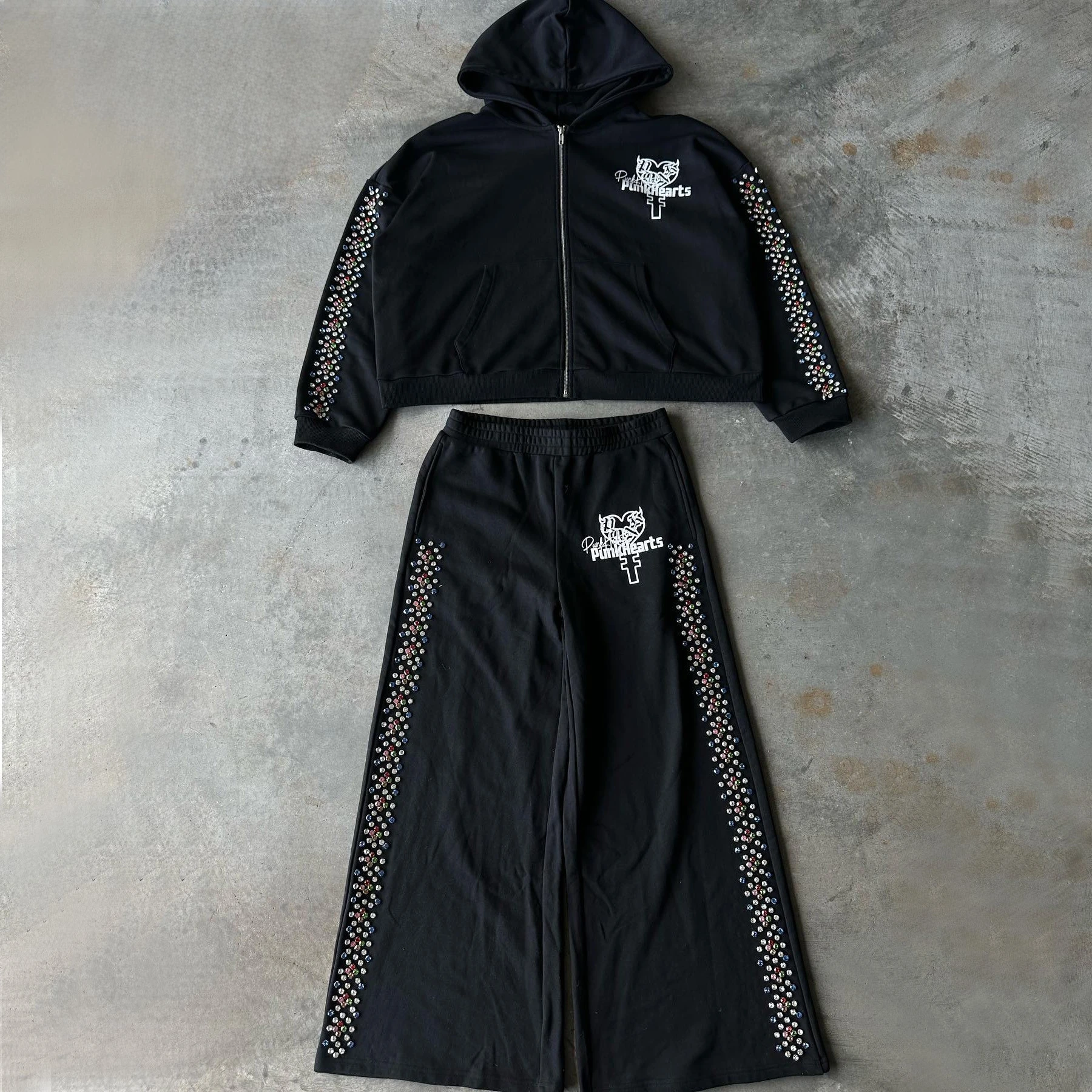 OEM Clothing Custom Zip Up Hoodie Logo Men Joggers Sweatsuit Rhinestone Flare Sweatpants And Hoodie Set Tracksuit For Men