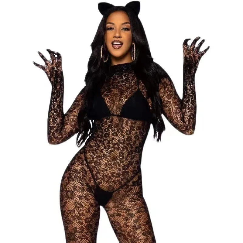 Women Sexy Leopard Bodystocking Erotic Backless Lingerie Stockings Women Transparent Leopard Mesh Long Sleeve Bodysuit