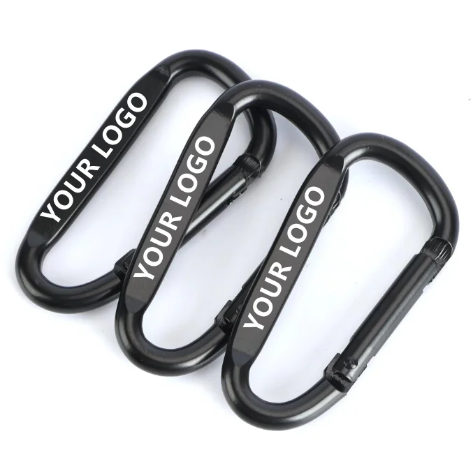 Custom Logo Aluminum Alloy Black Spring Snap Hook D Shape KeyChain Hook Carabiner