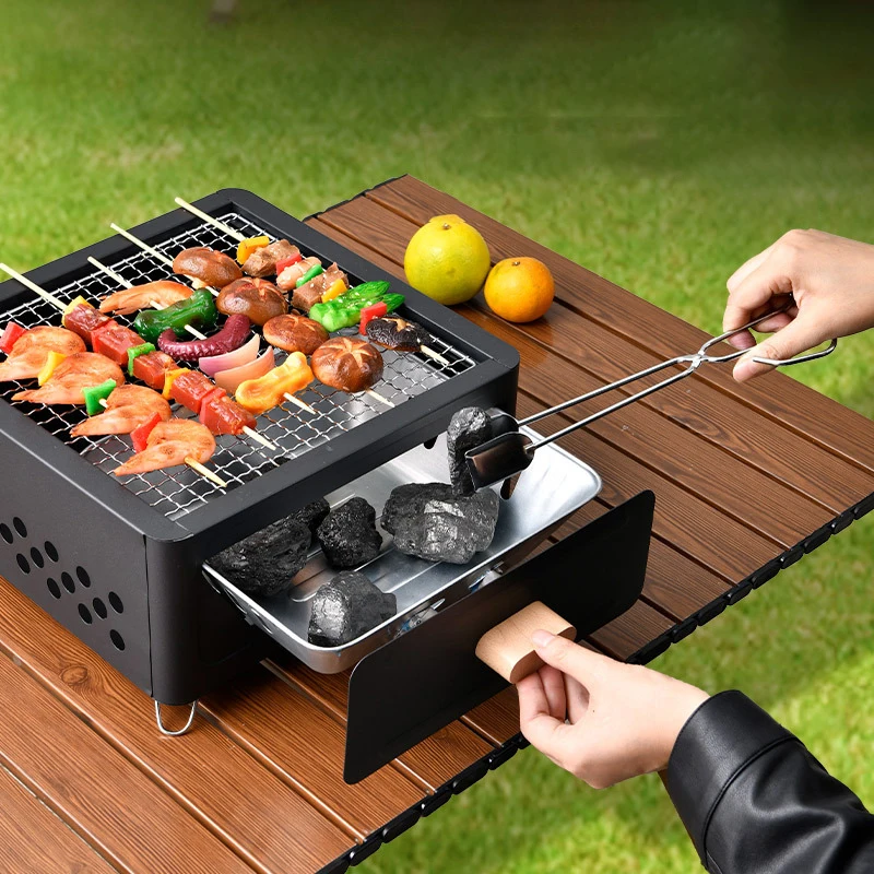 Square Camping Barbecue Stove Outdoor Portable Charcoal Smokeless Picnic Grills Stove Mini Camp Backyard Pot Enamel Baking Pan