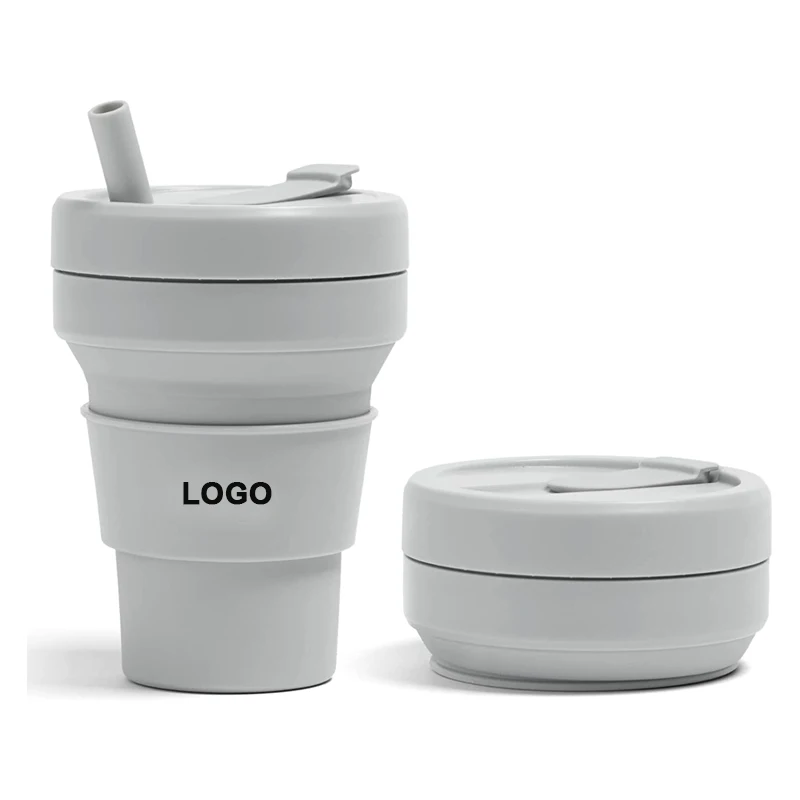 Collapsible Travel Cup With Straw 16oz 470ml Reusable To-Go Pocket Size Silicone Bottle for Hot and Cold Drinks Microwave Safe