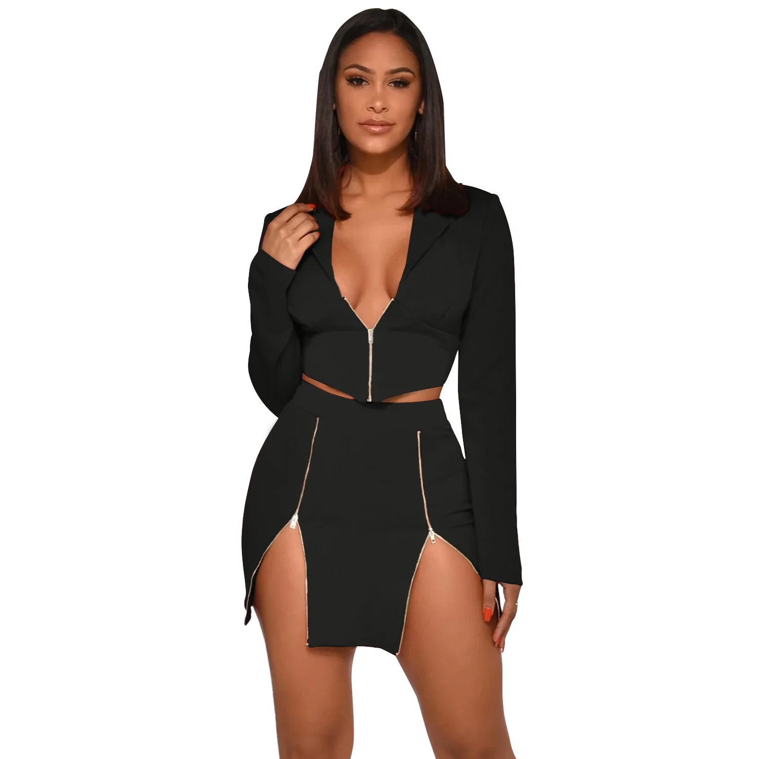 Wholesale customized LOGO Sexy V-neck Color Crop Blazer Set Women Mini Skirt 2 Piece Suits