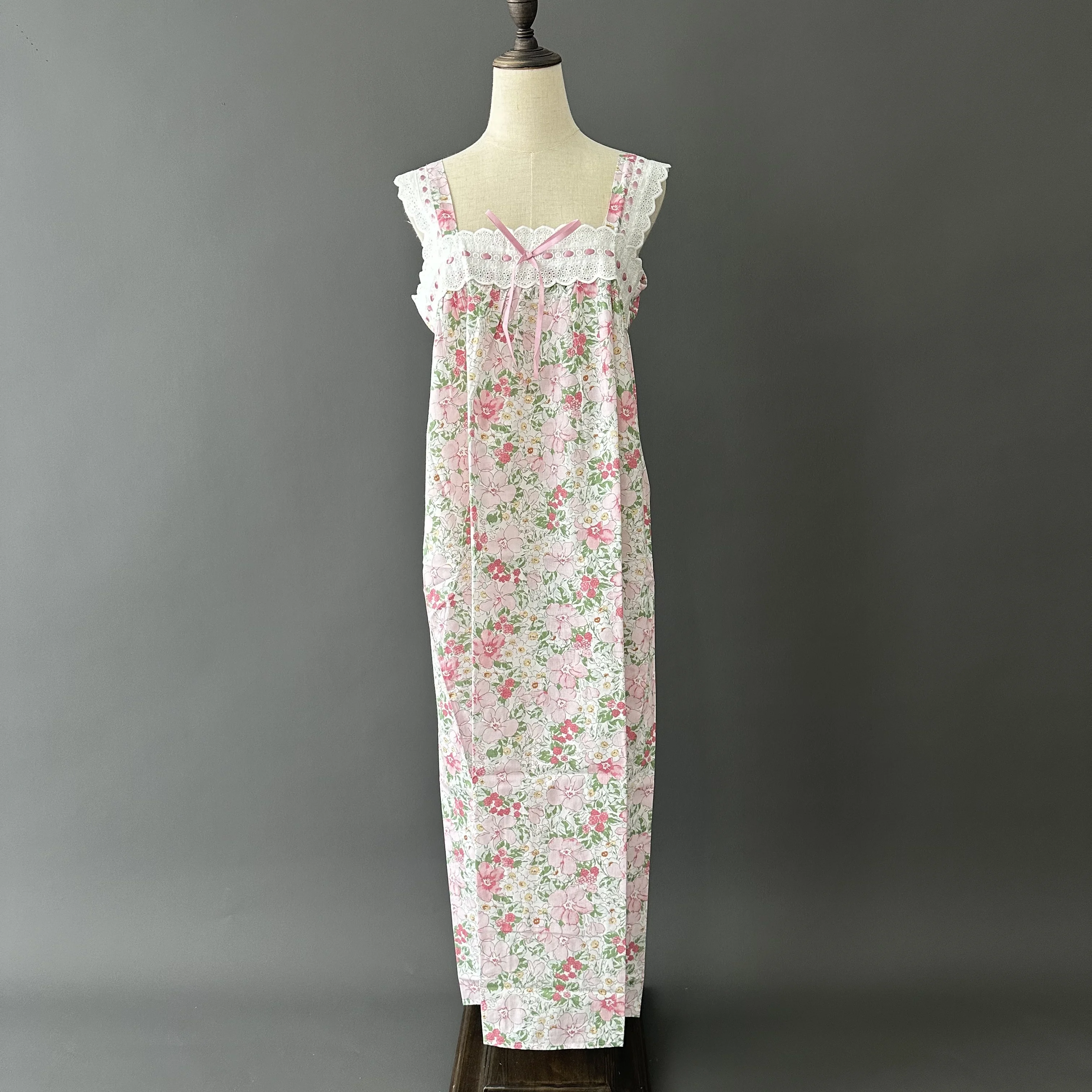 Pink Floral Sleeveless Nightgown with Laced Yoke