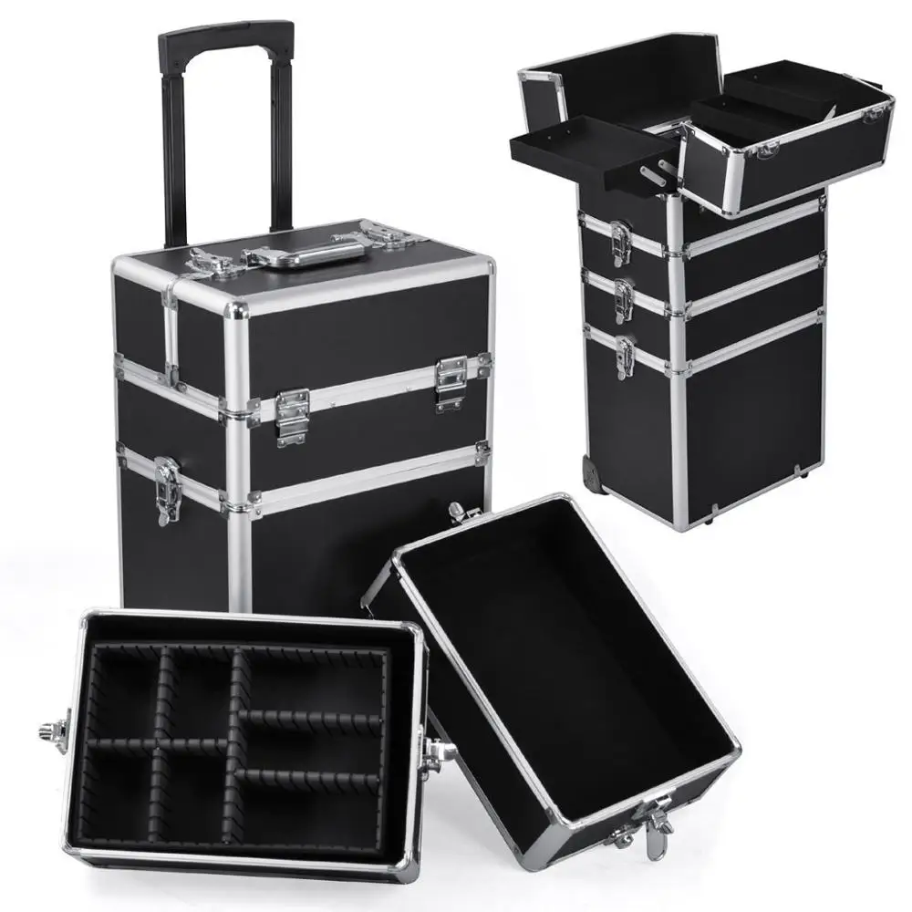 4 in 1 Vanity Makeup Beauty Cosmetic Case Beauty Nail Hairdressing Trolley Case Large Capacity Trolley Makeup Box