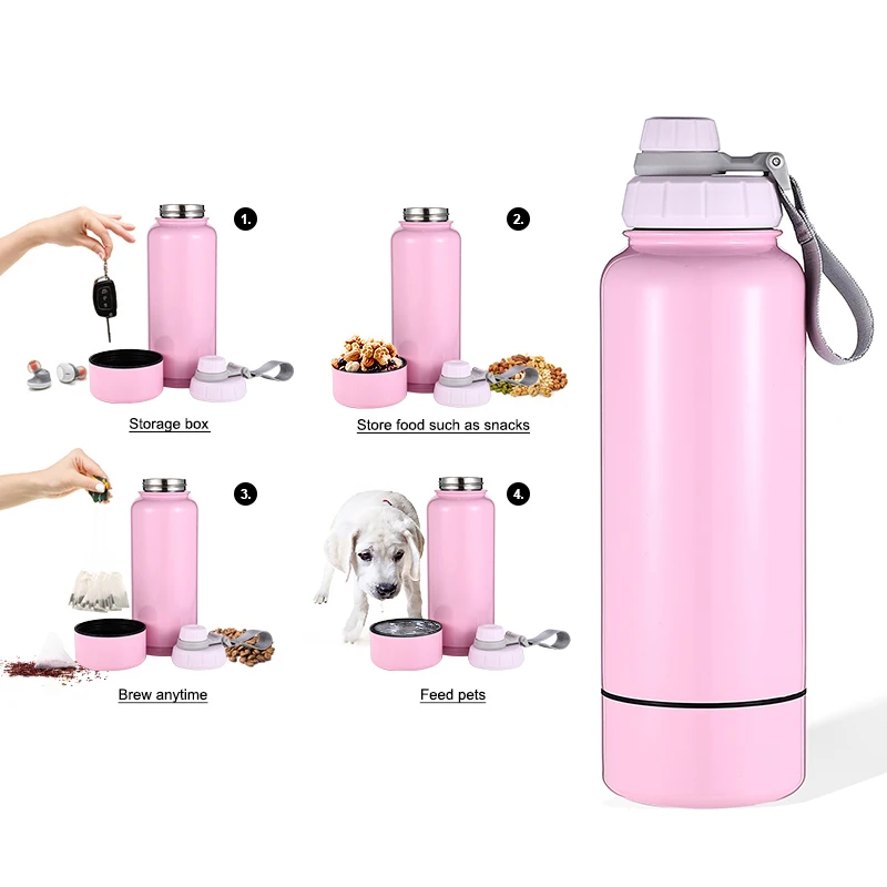 Everich Two Part Vacuum Insulated Multi-functional Stainless Steel Water Bottle With Removable Bottom Storage Plastic Bowl