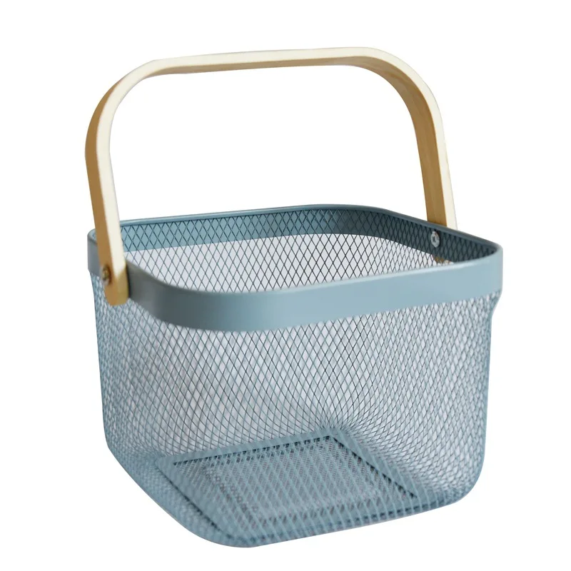 Iron handheld basket with wooden handle household hollow storage basket for fruit and vegetable draining basket for kitchen