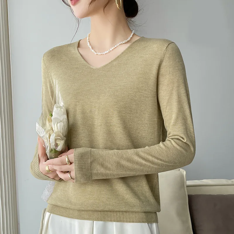 Autumn and Winter Thin Basic Simple and Versatile Solid Color V-neck Pullover Long-Sleeve Wool Sweater for Women