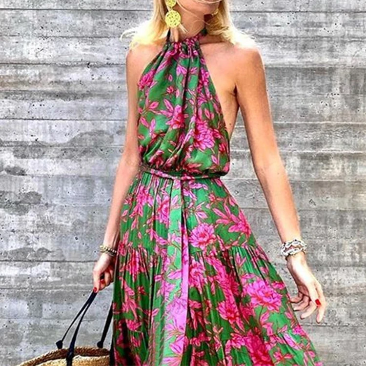 Wholesale New Style Elegant Floral Printing Chiffon Maxi Bohemia Dress Women Halter Sleeveless Long A-line Dress