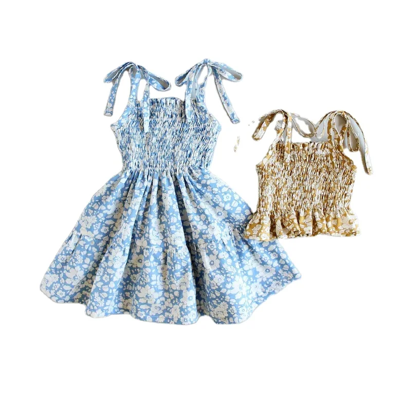Newest Summer Kids Puff Sleeve Birthday Dress Floral Pattern Elastic Waist Little Girl Frock Design Skirt
