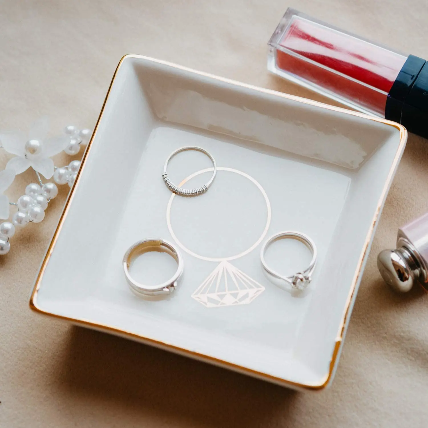 Custom Wholesale Decor Rectangular Jewelry Dish Tray Wedding Ring Trinket Tray Holder Gold Ceramic Jewelry Dish