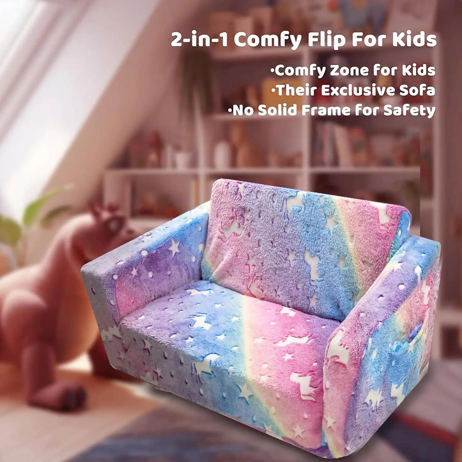 Kids Sofa Toddlers Sofa with Blanket Glow in the Dark Kids Couch Fold Out Toddlers Play Couch 2 Seats Couch for Kids Toddlers