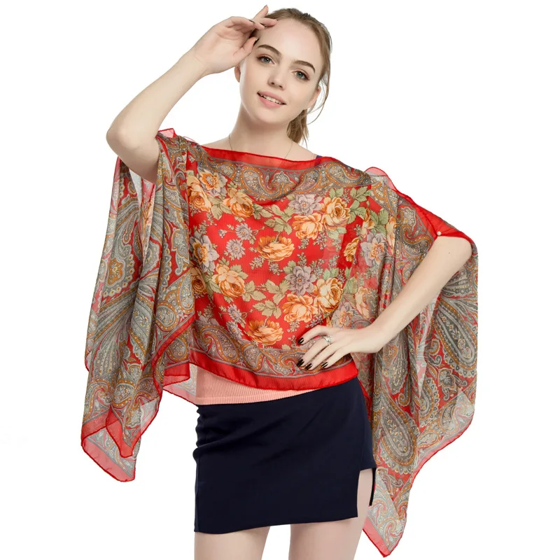 2021 latest beach summer sun protection cape, wholesale floral printed polyester ultra thin beach shawl