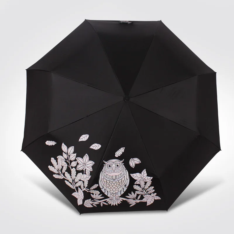 Compact travel 3 folding pocket size umbrella owl pattern changing color 23inch umbrella