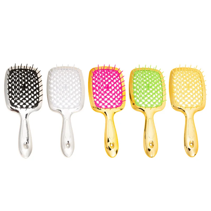 Customized Logo Hollowed-out Scalp Massage Comb Detangler Hairbrush Electroplating Gold Silver Detangling Brush