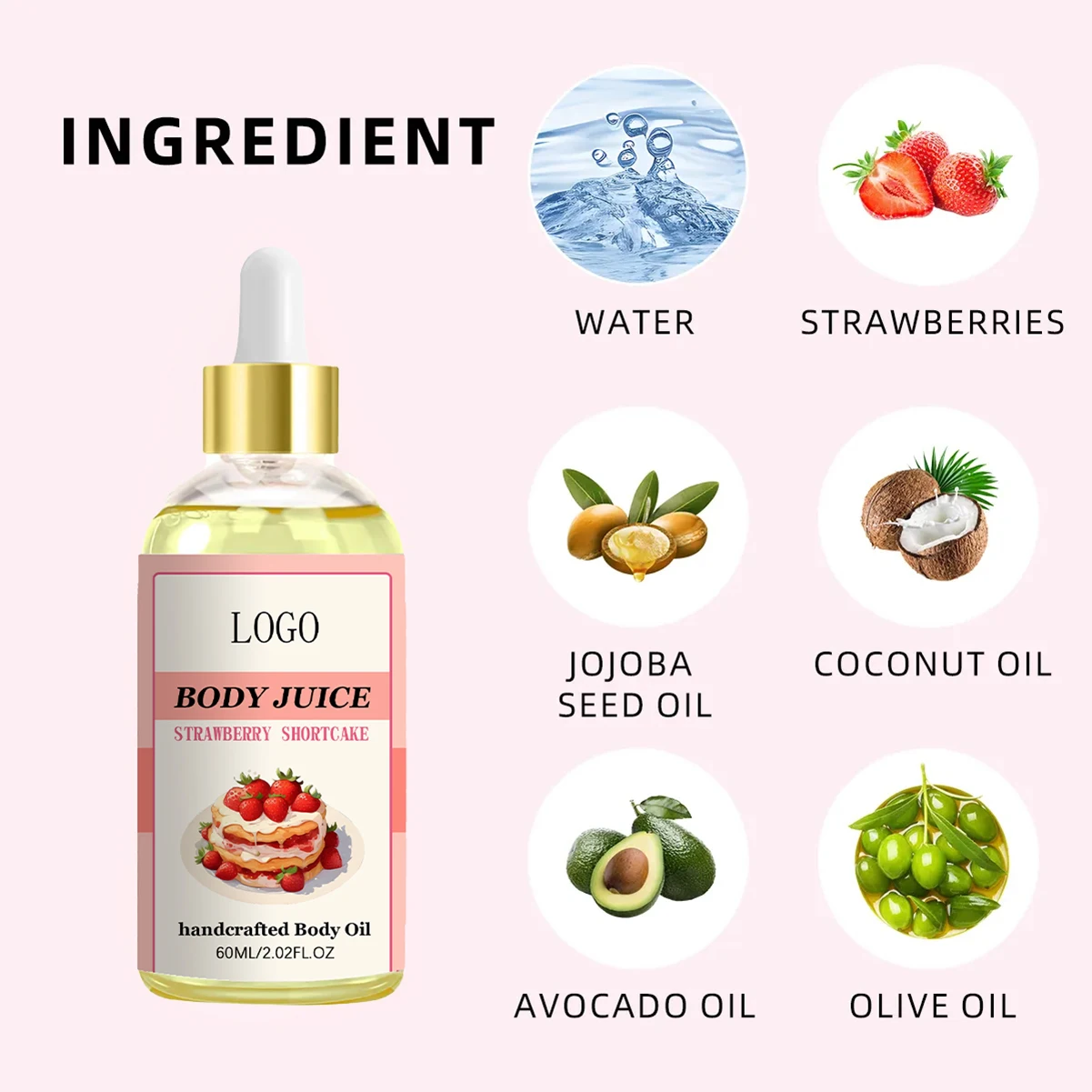 Small order custom organic body oils wholesale strawberry shortcake body juice oil