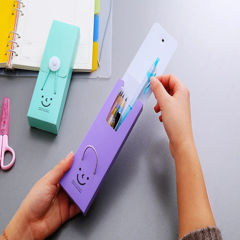 Cute cartoon creative smiley face pencil case children students telescopic buckle plastic pen case multi-color large pencil case