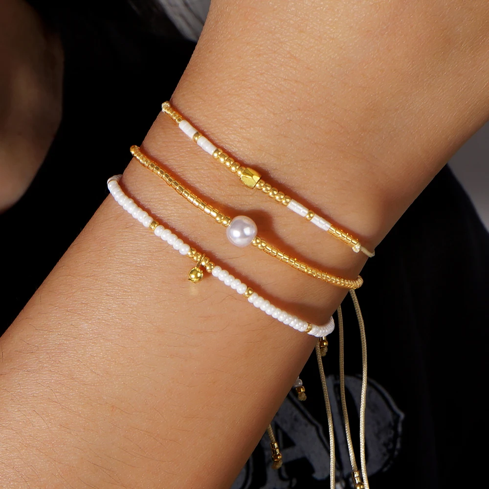Go2boho White Boho Design Fashion Jewelry Tiny Imitation Pearl String Dainty Seed Miyuki Beaded Bracelets for Women New