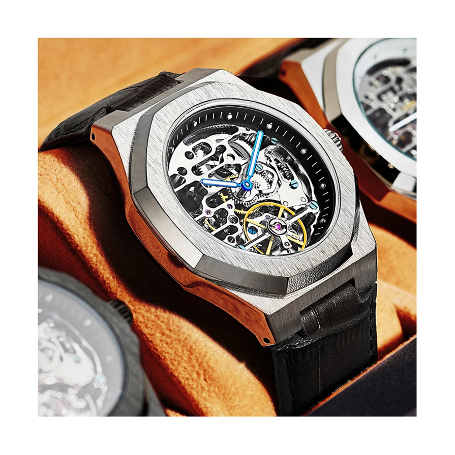 Fashion stainless steel case all skeleton polygon bezel waterproof men mechanical automatic watch