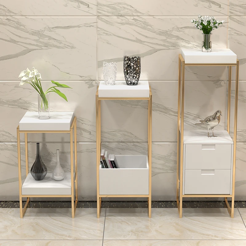 
Modern square Flower rack with drawer 3 pieces golden stainless steel coffee table with marble tops iron plant pot 