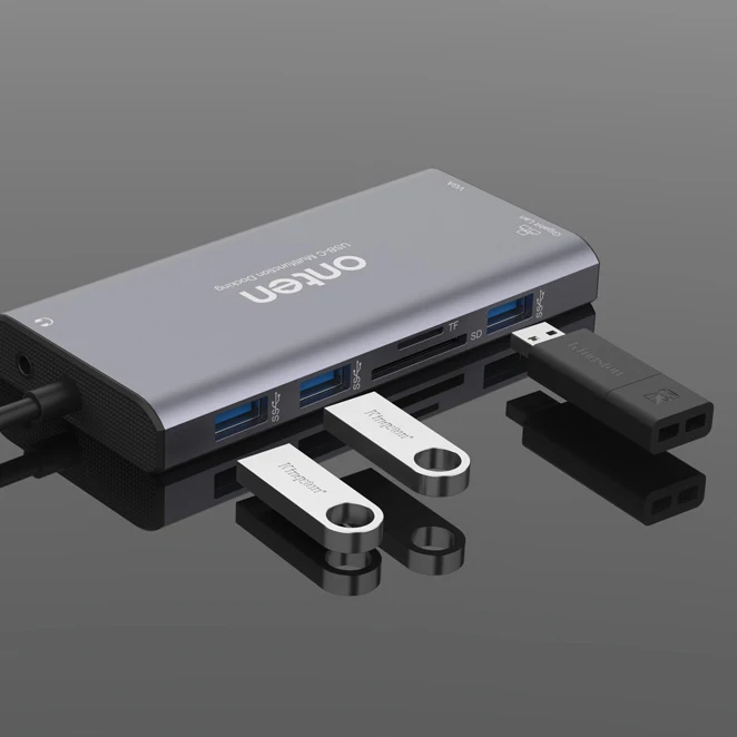Onten Wholesale 12 in 1 USB-C Hub to Dual 4K HI Gigabit Network 2K VGA 3 USB 3.0 C Port Data PD 3.0 SD TF Audio Output OTN-UC601