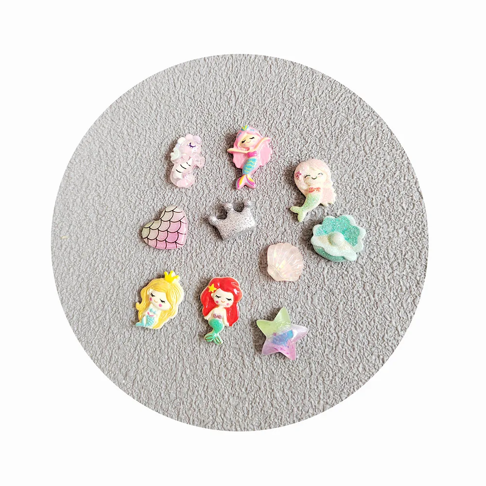 100pcs Cute Ocean Cartoon Mermaid Charms Resin Cabochon Shell Crown Hearts Flat Back Cabochons Scrapbook DIY Jewelry Craft Decor