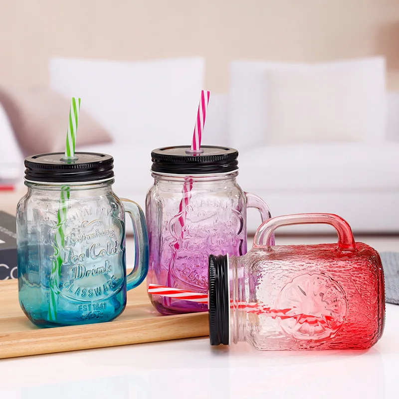 16 oz decorative wide mouth mason jar coloured juice mason jars drinking glass wholesale cover handles and straw metal lids