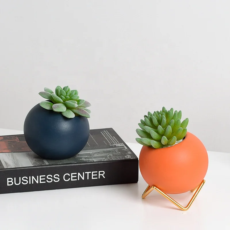 Creative Ceramic Vase Morandi Modern Simple Fleshy Flower Pot Flower Arrangement Green Flower Planter Iron Frame Hydroponic Ball
