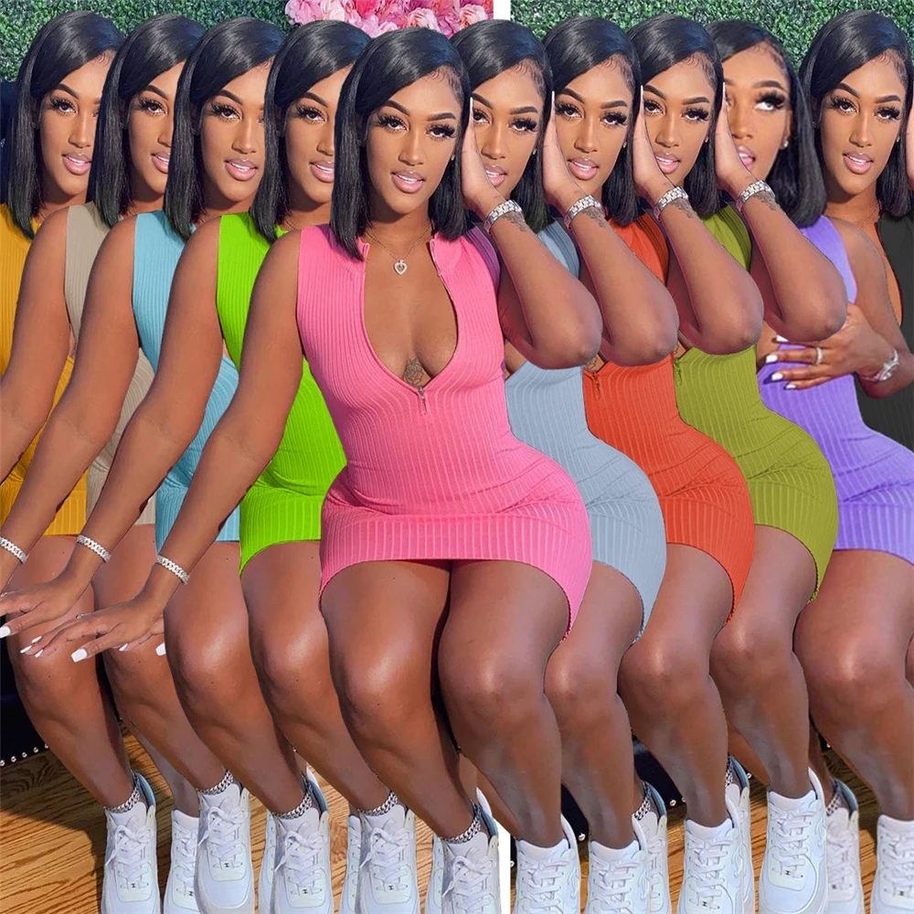 Summer Dress 2022 XS-3XL Sleeveless Bodycon Half Zipper Ribbed Mini Dress Solid Color Knitted Casual Women Dress Clothing