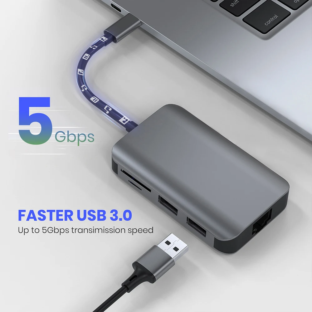 
8 ports Type C Hub USB C Hub with 4K HD-MI PD power delivery Charge and RJ45 for notebook. 