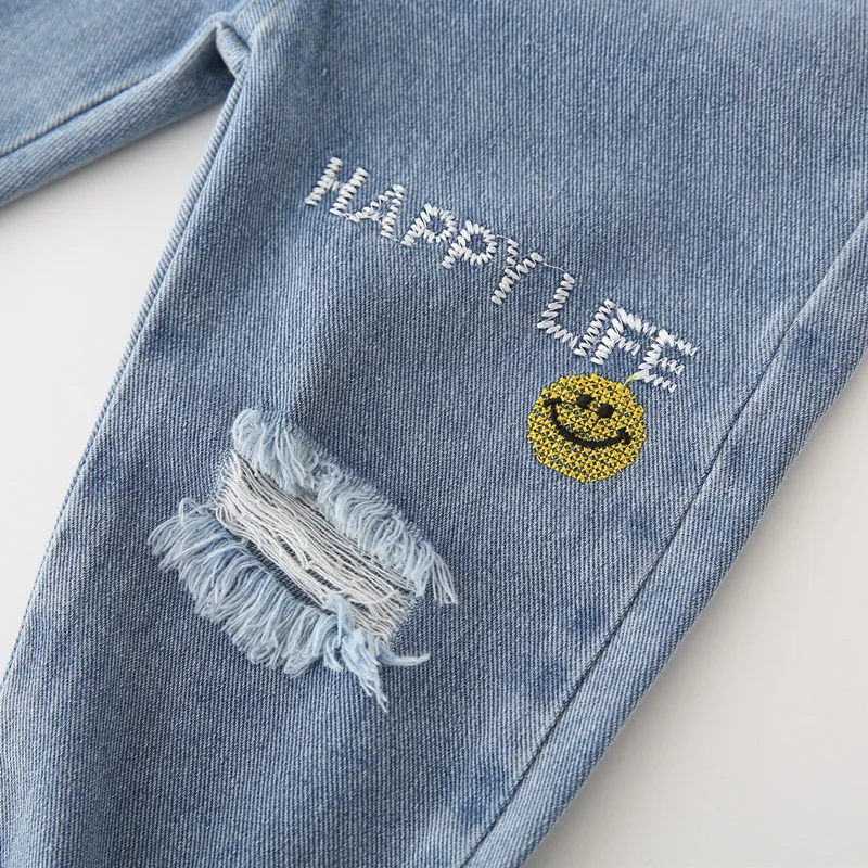 Kids Jeans Trousers Embroidered Smiley Face Toddler Casual Denim Pants Clothing