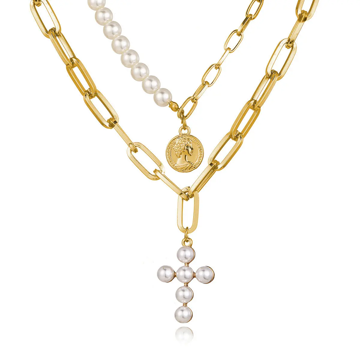 Queen Coin Pearl Cross Pendant Necklace Multilayer Baroque Pearl 18K Gold Plated Chunky Chain Pearl Cross Choker Necklace