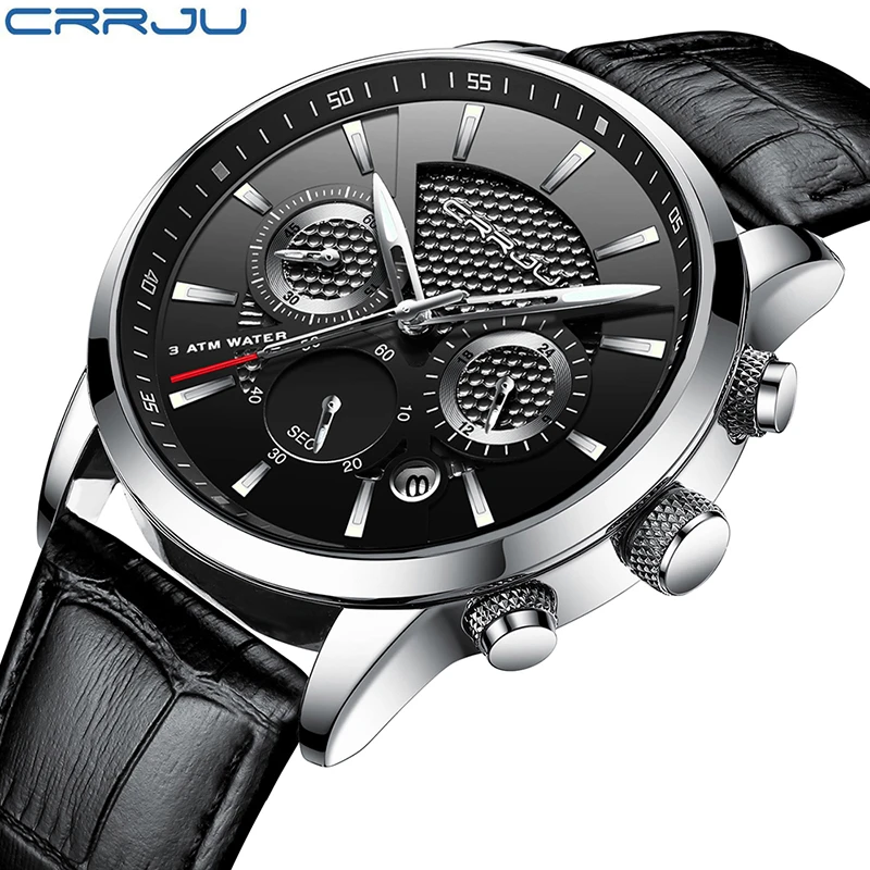 CRRJU Brand 2212 Men Watches Leather Strap Quartz Casual Business Wrist Watch Fashion Chronograph Water Resistant Montre Homme