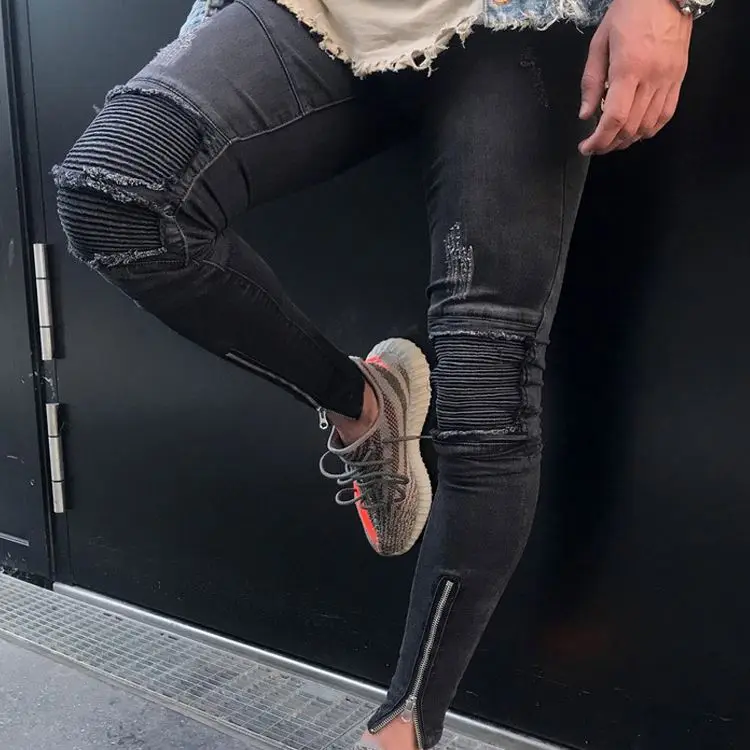 Low Price Mens Skinny Jeans with Zipper Wrinkle Design Jeans Denim Fabric Slim Straight Black Casual 4 Seasons Dark Wash 2pieces