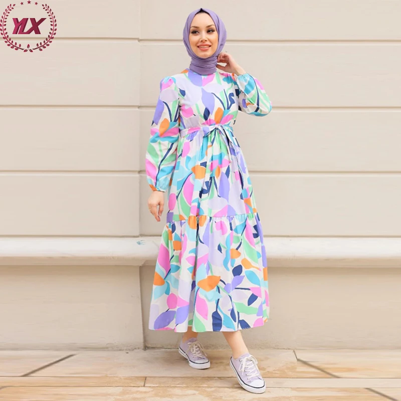 Crew Neck Women Muslim Casual Summer Muslimah Islamic Floral Silk Coffin Gamis Indonesia Hijab Dresses Abaya Dress