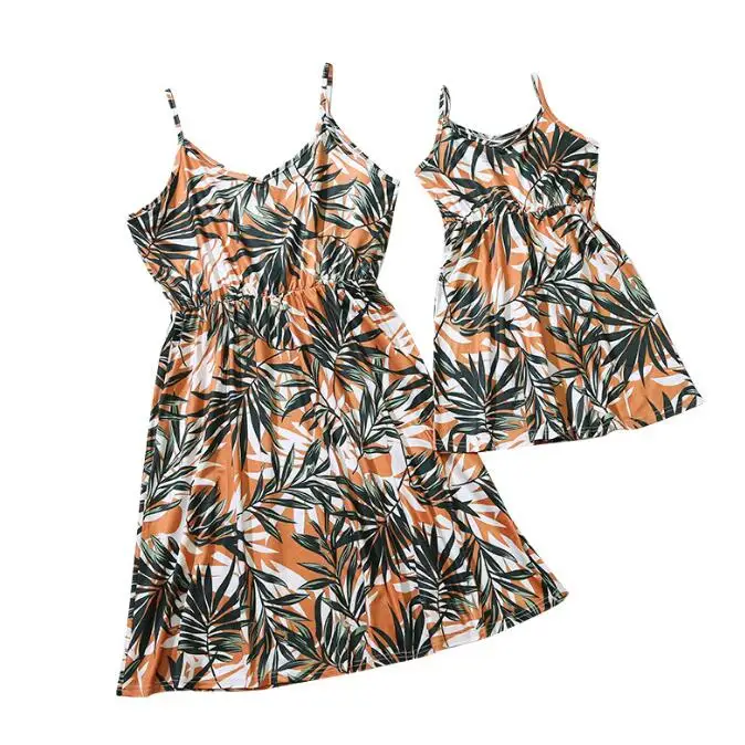 2022 European and American fashion summer leaf print parent-child sling dress