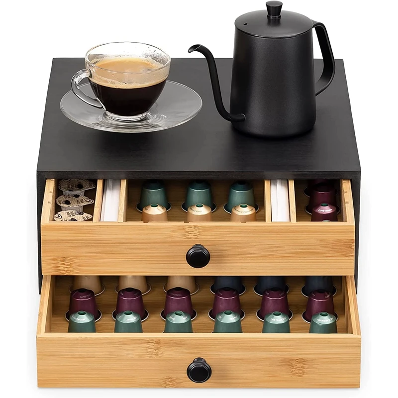 Coffee Capsule Holder with 2 Drawers Bamboo Coffee Pod Storage Compatible with K-Cups Capsules and Pods Drawer Organizer