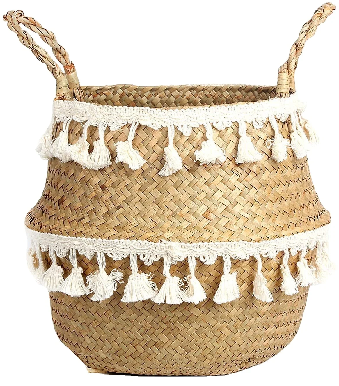 Boho Woven Seagrass Belly Basket with Handles Storage Plant Pot Basket Laundry Basket Toy Storage