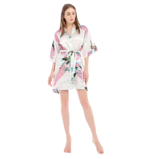 Wholesale ladies peacock short cardigan silk satin robes for luxury women home wear