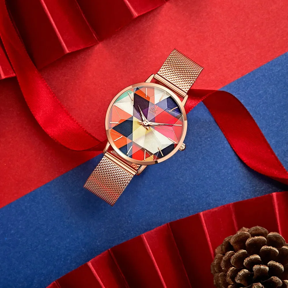 SHENGKE K0127L Fashion Female Quartz Watch Seven Color Watch Dial Design Luxury Women Wrist Colorful Wrist Watch Cutting Glasses