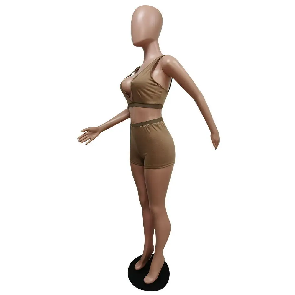 tights Fitness Women 2 Pieces Set Solid Sleeveless Low V-Neck Tank Top Biker Shorts Set Summer Clothes Matching Sets