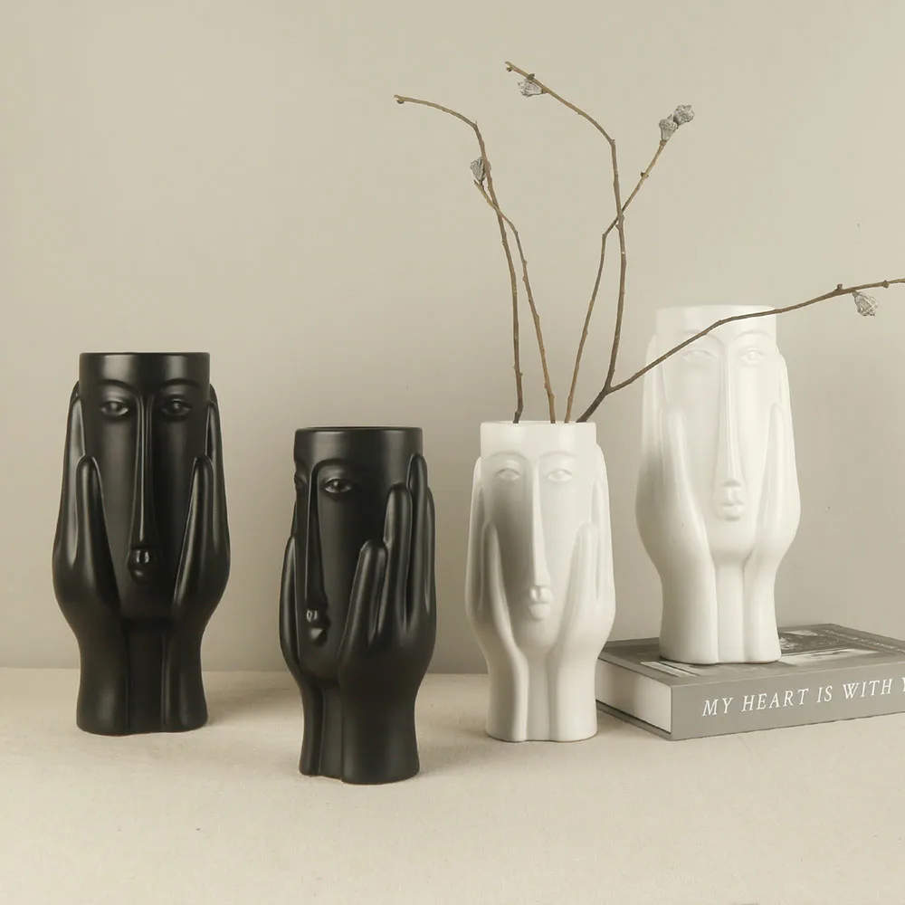 11 inch Rustic Old Antique Abstract Hands Human Face Hand Painted China Ceramic Flower Vases For Home Decors