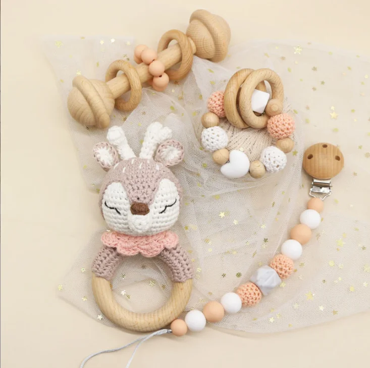 wholesale baby wooden rattle crochet elephant design baby rattle crochet wooden silicone beads