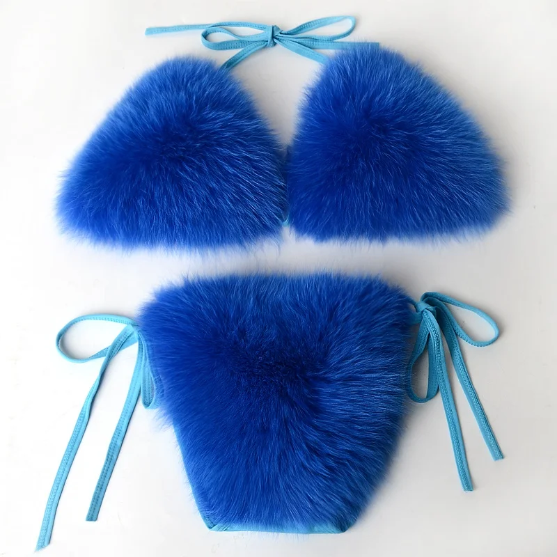 
Real Fox Fur Swimwear Bikini For Women Sexy Bikini Swimsuit Set Adjustable Raccoon Fur Bra Cute Girls Bikini Swimwear 